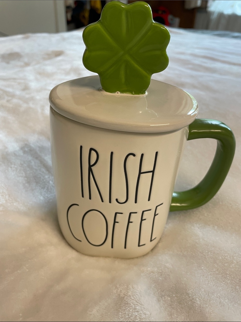 Rae Dunn Mug with Shamrock Lid - Green & White